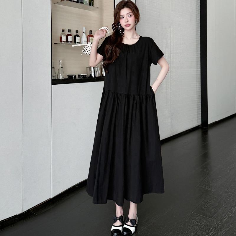 DIMANAF 2026 Summer New Plus Size Women Elegant French Style O-Neck Short Sleeve Cotton Maxi Long Dress Black