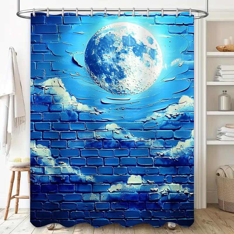 3D Printed Moon Blue Brick Shower Curtain Waterproof Bathroom Decor 59x70 (24Pcs)