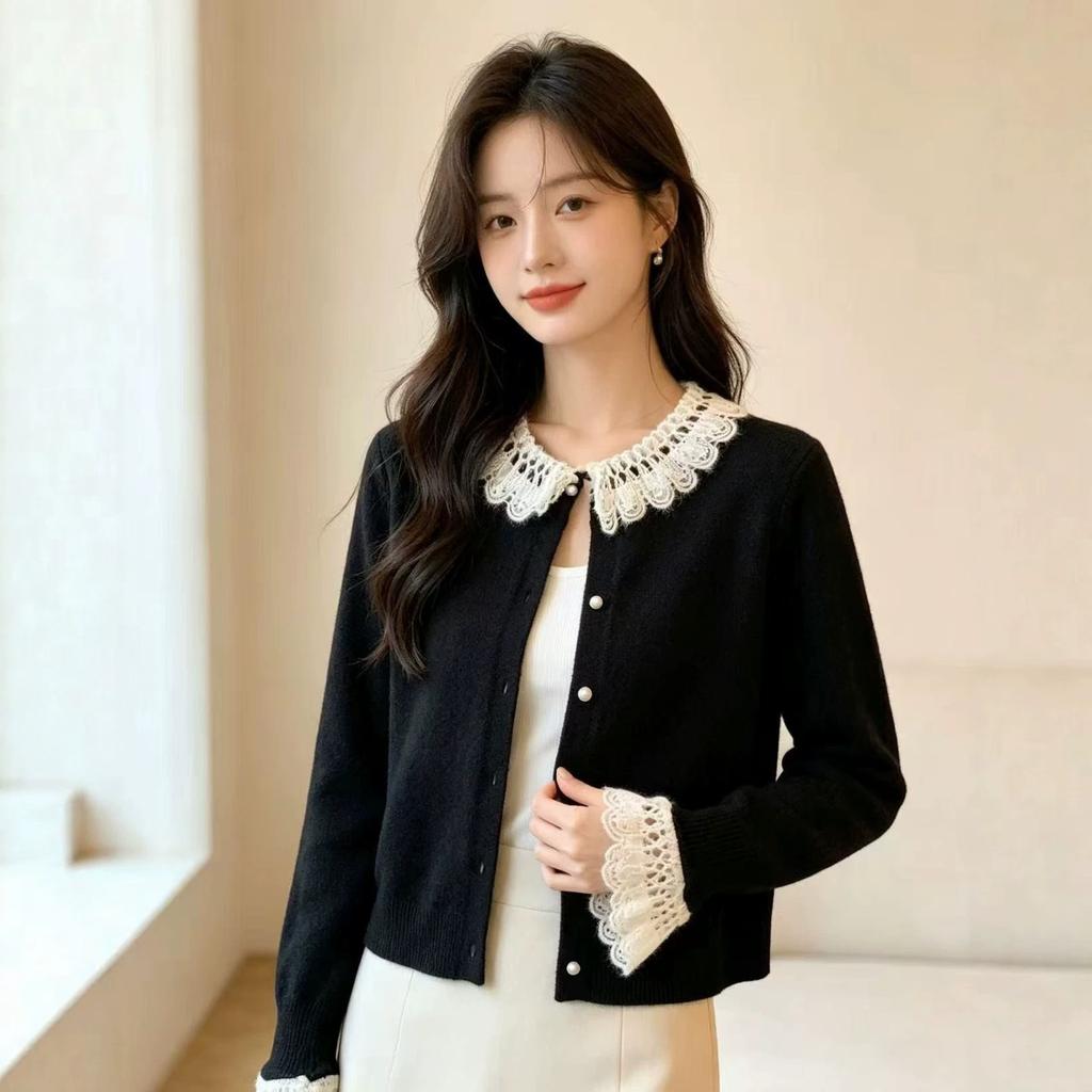 Lace lace knitted cardigan heavy industry autumn new French small fragrant lace splicing versatile knitted sweater jacket