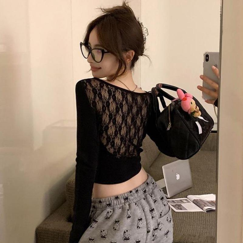 

Pure Desire Hot Girl Sexy Backless Top Women s Autumn Back Hollow Fishbone Long Sleeve T-shirt Lace Bottoming Top XL чорний