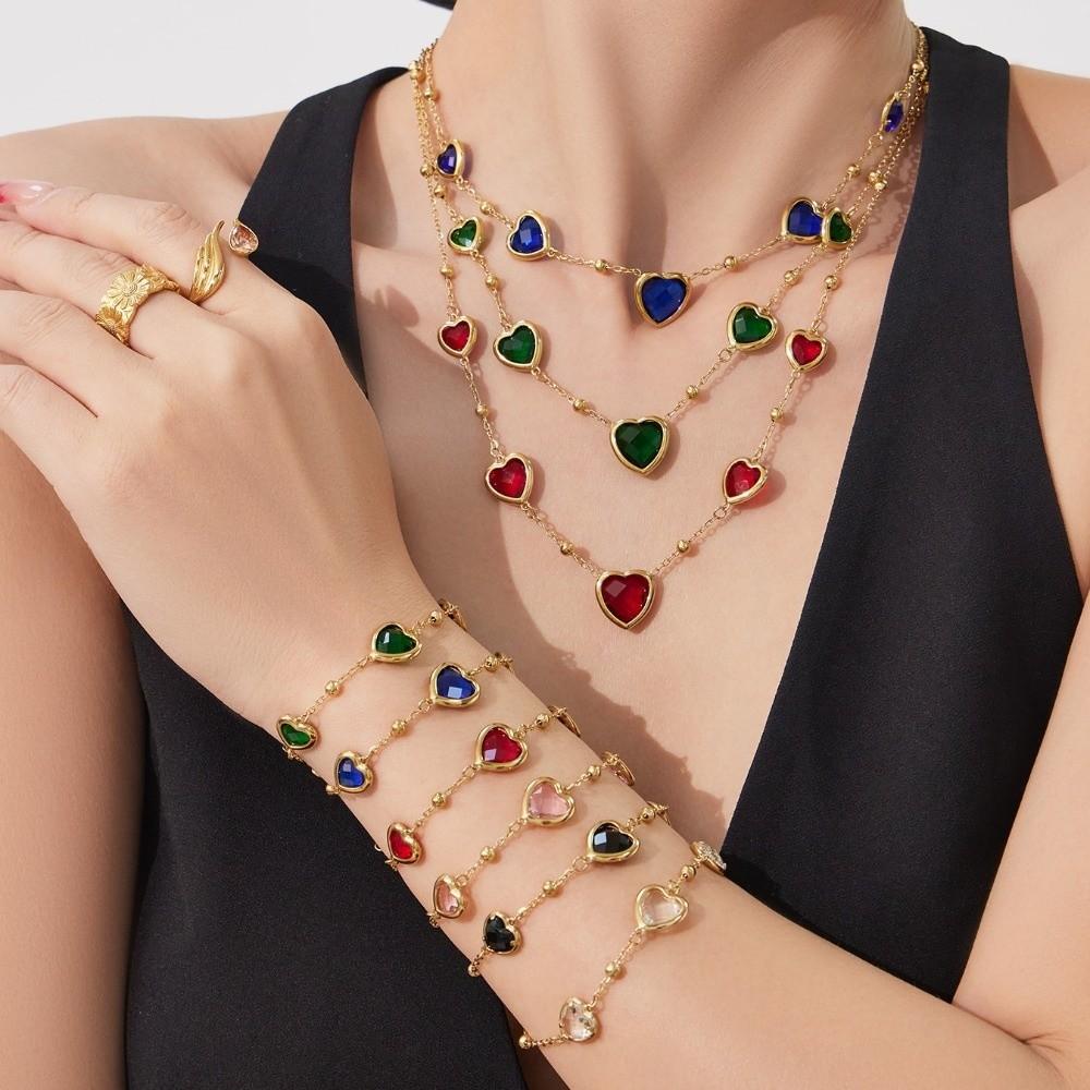 Vintage Heart Glass Necklace Stainless Steel Earrings Hand Chain Heart-shaped Jewelry Set  Gift