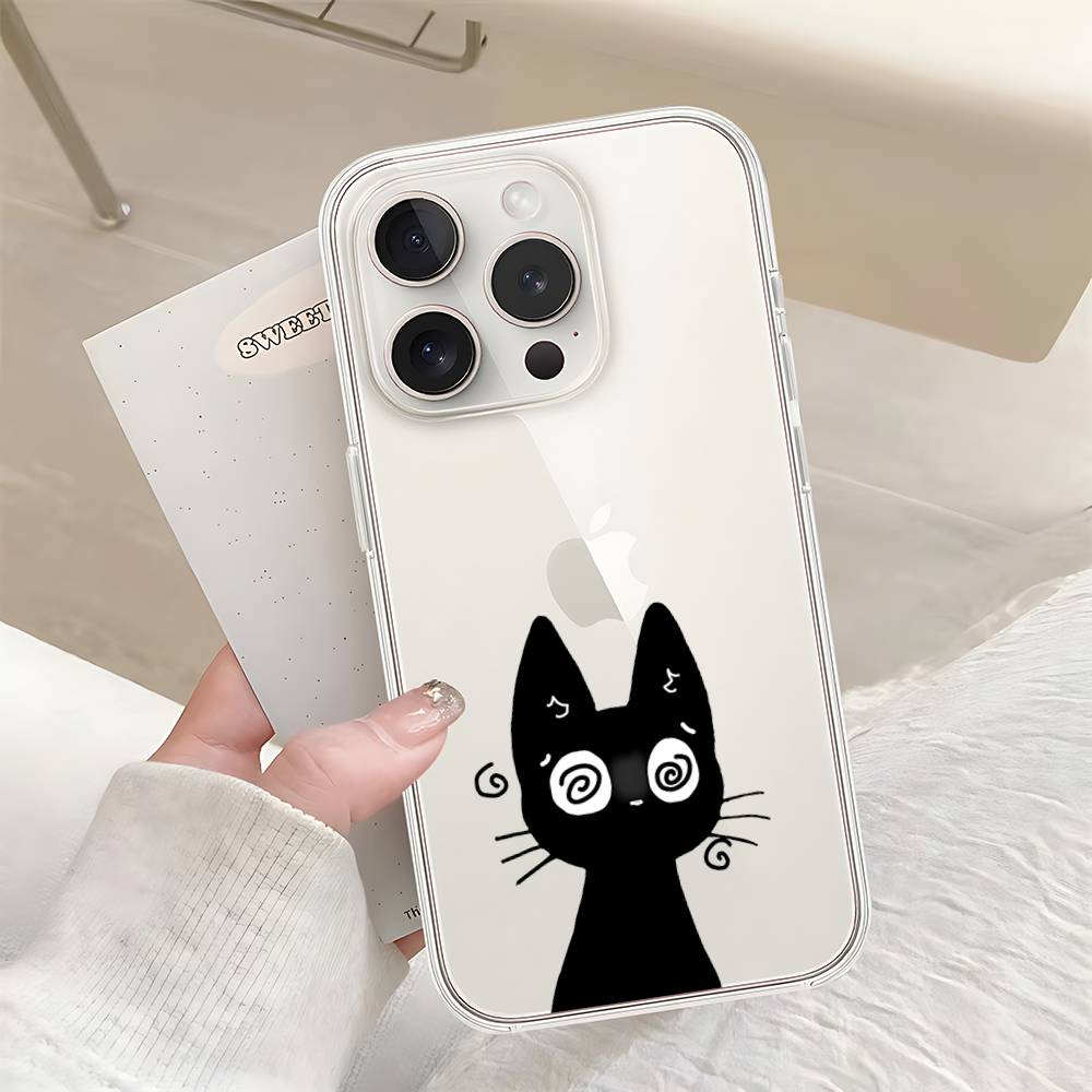 B-Black Cat Phone Case For Iphone17 16 15 11 13 14 Pro Max 7 8 Plus X Xr Xs Max Se2020 12mini Transparent Cov