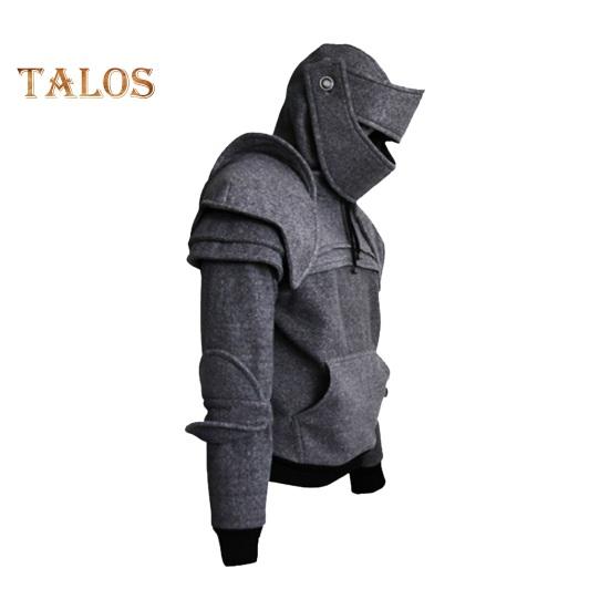Men Halloween Hoodie with Hood Knight Drawstring Patch Pocket Ruched Elastic Cuff Long Sleeves Warrior Medieval Costume