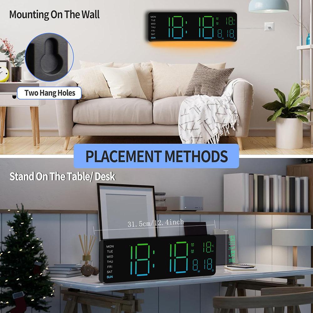 Digital LED Wall Clock with Remote Control Calendar Colorful Night Light Temperature for Living Room Bedroom Office Smart Home