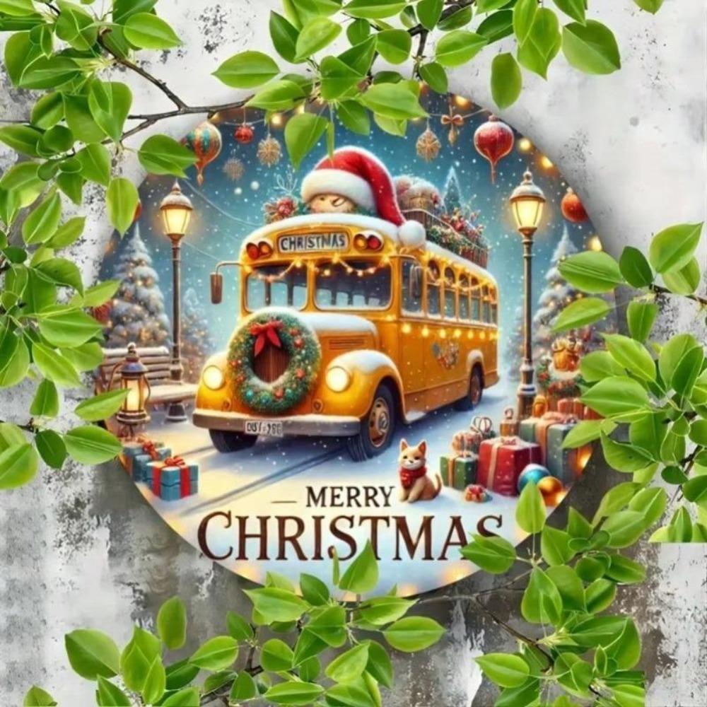 Vintage Snowy Christmas Bus Metal Wall Art Decor Plaque Sign