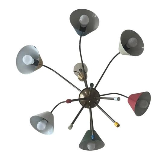 Mid-Century Modern Sputnik Kronleuchter 6-flammig Messing Deckenleuchte Bunte Schirme Retro Hängelampe für Wohn-, Esszimmer