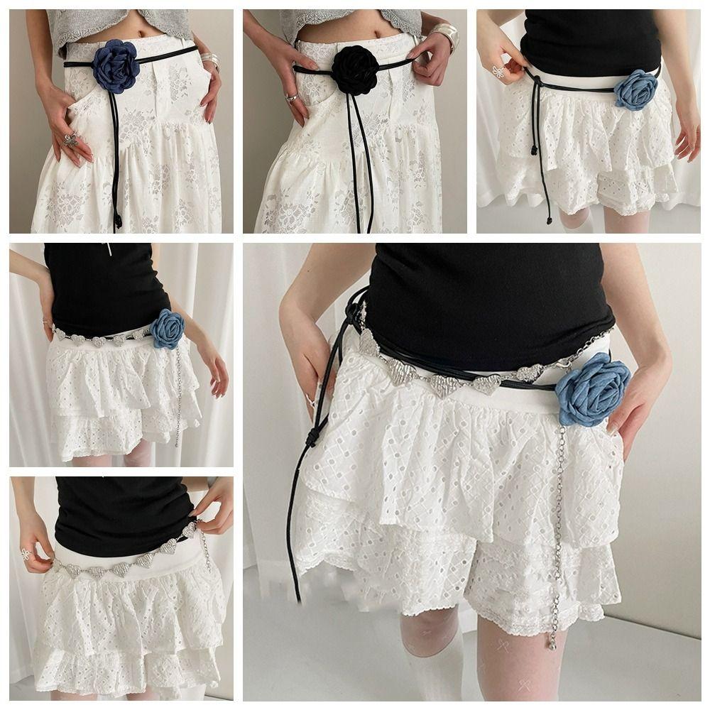 

Vintage Chiffon Floral Waist Belt French Style Heart Waistband Fashion Denim Blue Rose Belt Daily Style2
