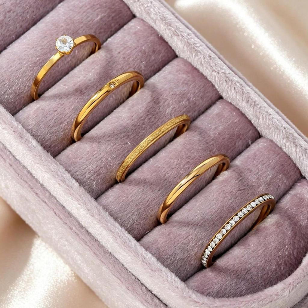5-Piece Women's Zirconia Ring Set: Elegant Stainless Steel, Matte Finish for Daily Wear & Parties.