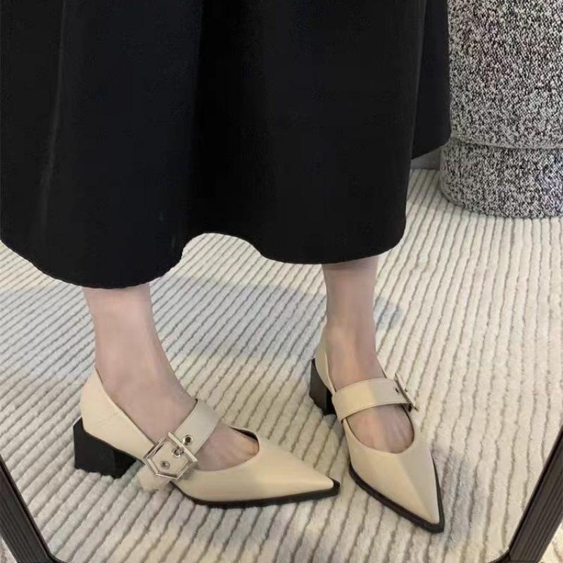 French retro Mary Jane thick-heeled single shoes women's 2025 new temperament pointed one-word buckle with small fragrant high heels