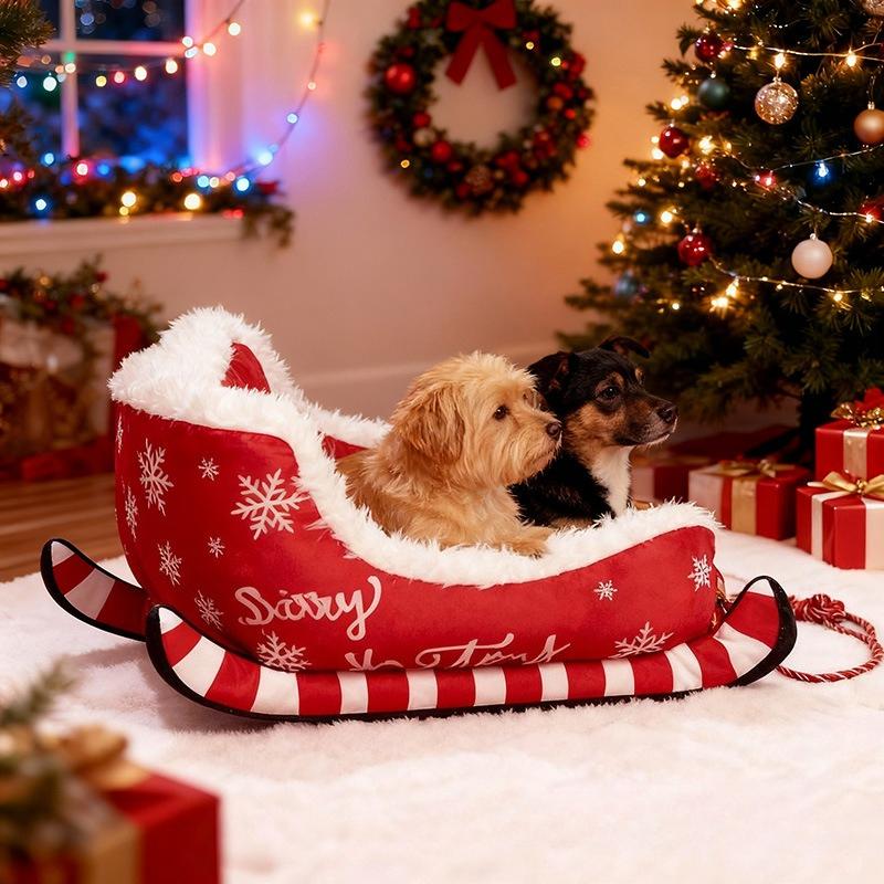 Christmas Sleigh Bed Removable Washable Plush Pet Warm Sofa with Non-Slip Base Christmas Cat Dog Nest for Winter Indoor Outdoor