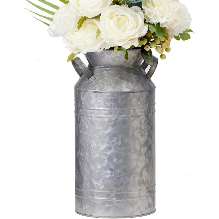12" Inch, Galvanized Metal Farmhouse Centerpieces Milk Can Jug for Kitchen Cabinets Bedroom Decoration, Rustic Table Tin Vase, Vintage Country Flower
