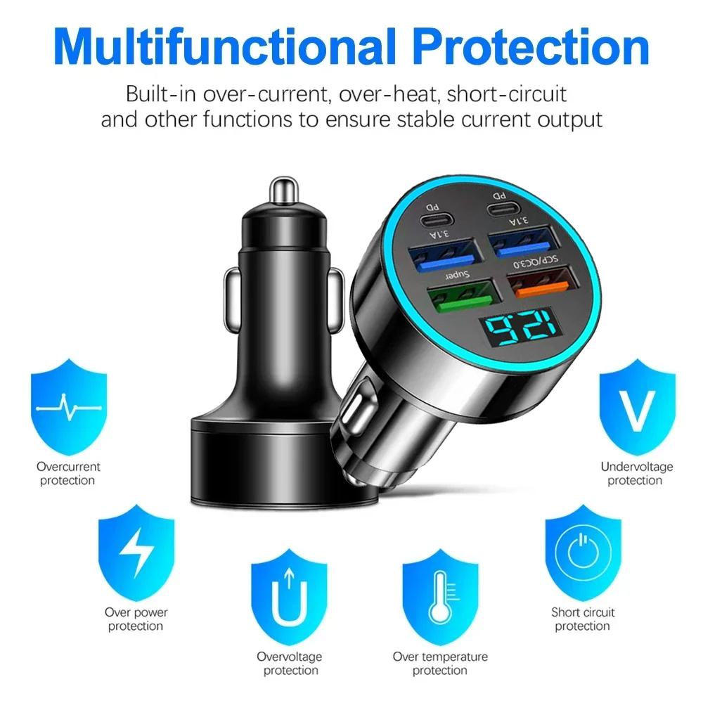 250W Car Charger 4USB QC3.0 PD Type-C Digital Display Car Power Charger 3.1A With Voltage Detection Multi-port Car Power Adapter
