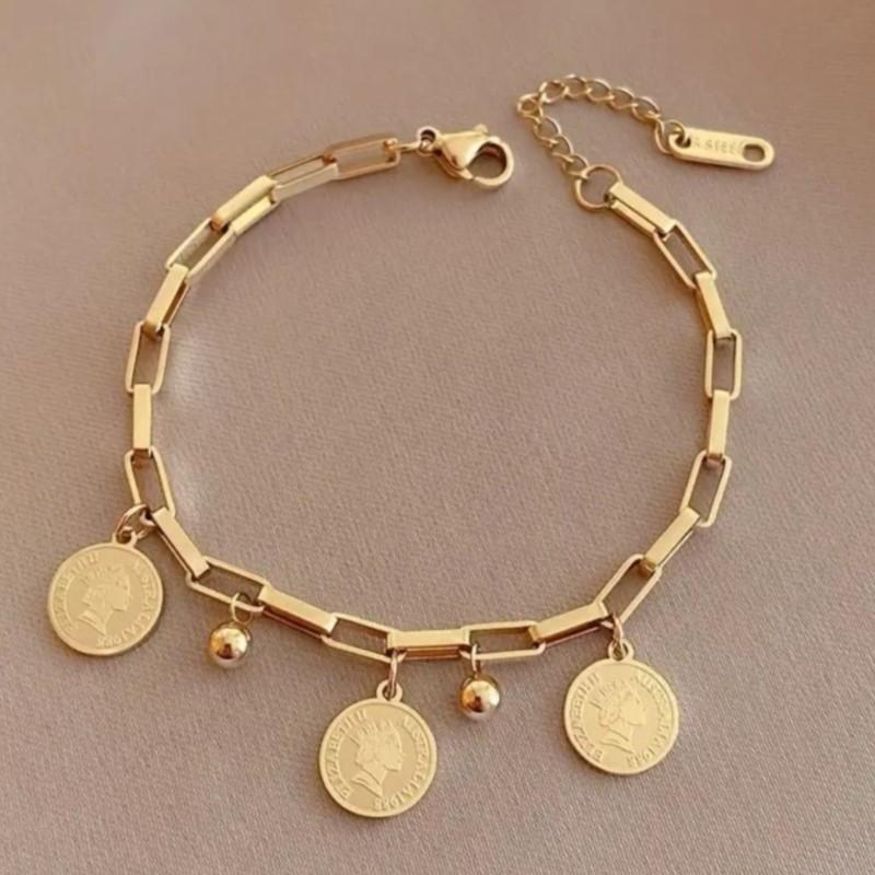 316L Stainless Steel Round Pendant Bracelet for Women Golden-Tone Adjustable Chain Link Bracelet Party Jewelry Gifts