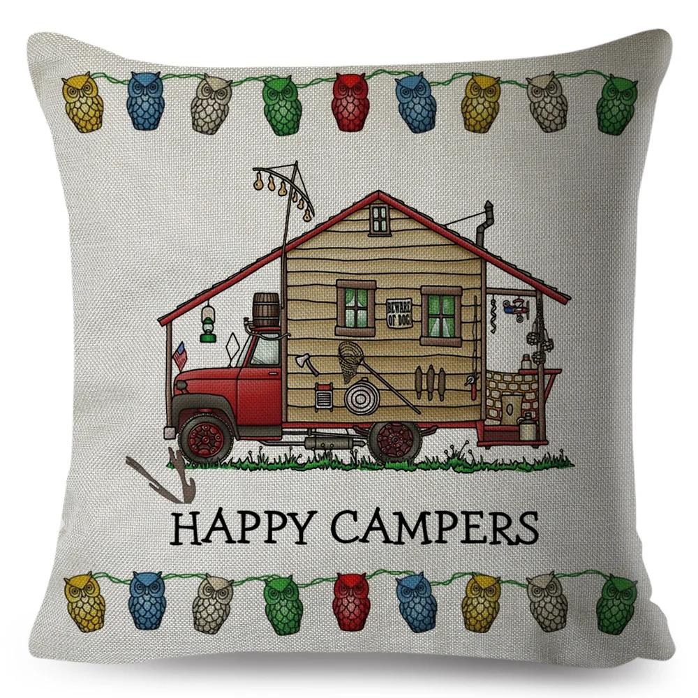 Happy Camper Pillowcase Decor Cartoon Travel Car Printed Pillow Case for Home Sofa Children Room Polyester Cushion Cover 45x45cm