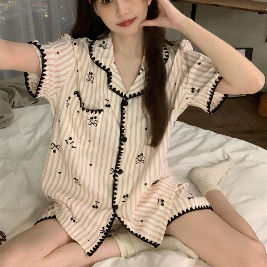 Internet celebrity girl shell lace vermicelli cherry pajamas summer short sleeved shorts two-piece girl loungewear