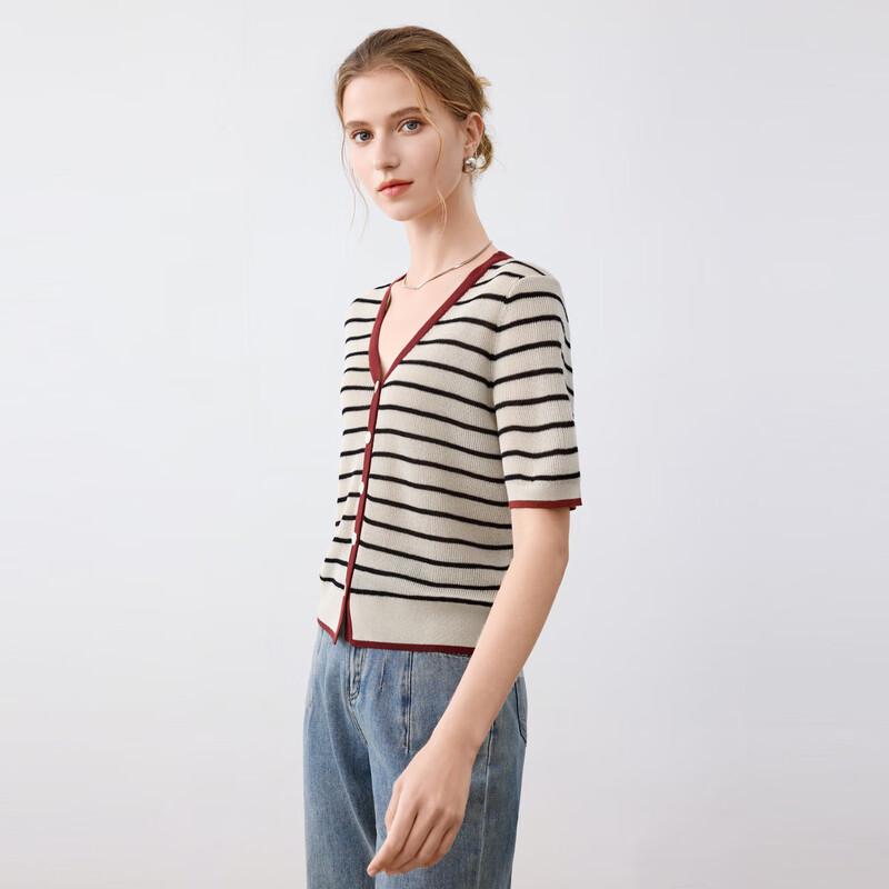 Elva' Island Women's Striped Knit Short Sleeve Cardigan