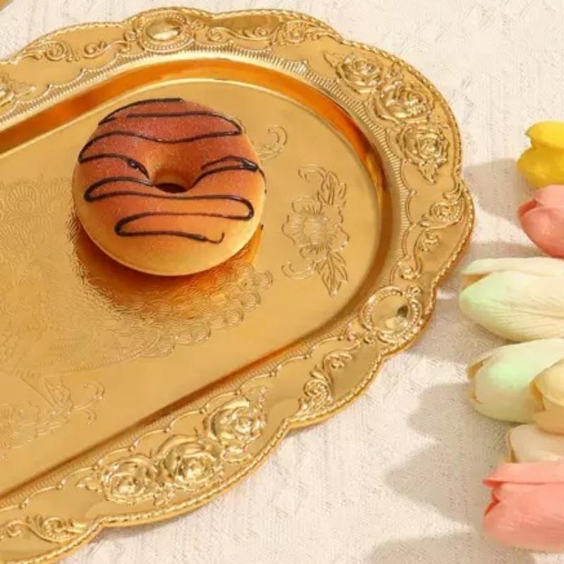 European Vintage Fruit Plate, Alloy Household Rectangular Plate, Golden Dessert Hotel Tray, High-End Home Tabletop Decoration