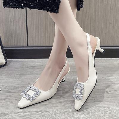 Sandales Baotou à talons bas et fins pour femmes, chaussures d'été 2024, nouvelle collection, motif diamant d'eau, avec bride arrière, pointues