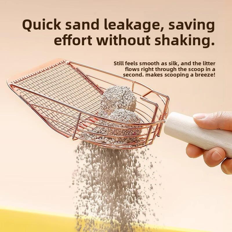A Large-sized Metal Cat Litter Scraper with A Wooden Handle and Fine Mesh Holes. It Is A Wall-mounted Cat Litter Cleaning Tool