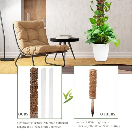 Moss Pole Plant Support 4Pcs 24 Inch Water Retention Corrosion Resistant Moss Stick with D-Shape Fastening Strap for Climbing Plants