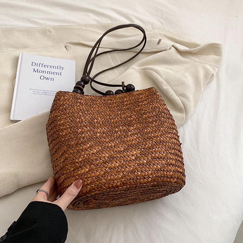 

Сумка-ведро Niche Forest, деревянная бусина, магнитная пряжка, сумка через плечо, ретро-сумка высокого класса из соломы, плетеная сумка-шоппер 28x15x26cm коричневый
