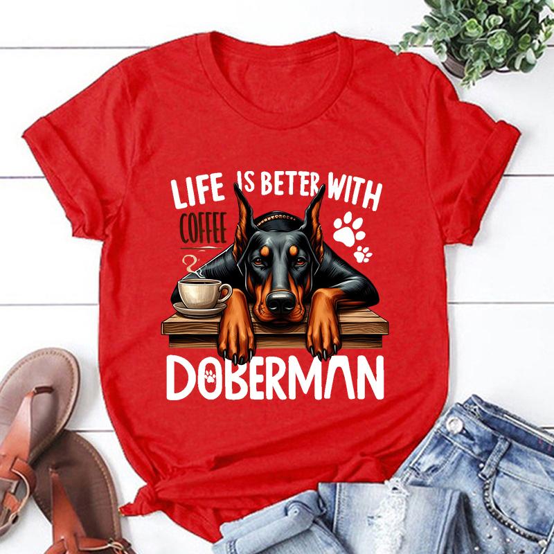 

Hot Life Is Better With Coffee Doberman Graphic Short Sleeve T-Shirts For Men Women Shirts Loose T-Shirt Casual Summer T-Shirts S
