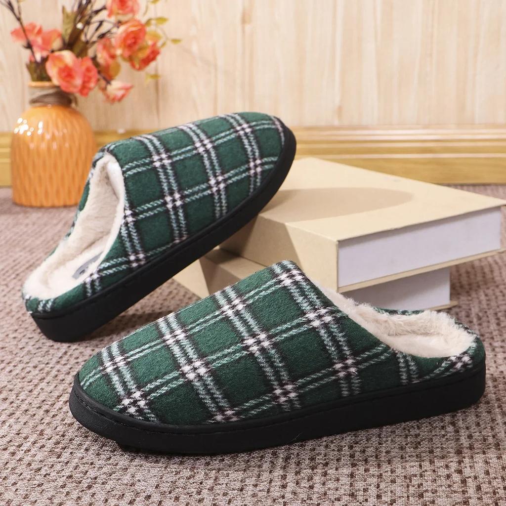 Fashion Winter Plaid Plush Slippers Men's Warm House Fleece Non-slip Shoes Couples Cotton Slippers Soft Indoor Casual Shoes Zapatos
