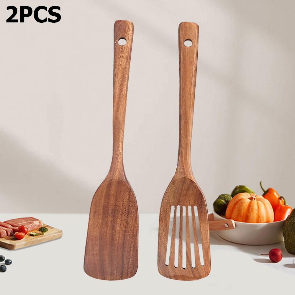 2PCS Wooden Spatula for Cooking Slotted Turner Spatula Long Handle Kitchen Utensils Set Wood Frying Spatula Cooking Baking Tools