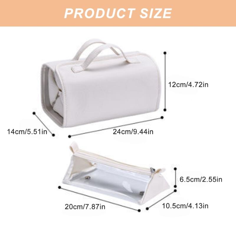 Leather Cosmetic Bag with 4 Clear Removable Separate Compartments Foldable Makeup Bags for Easy Travel and Storage