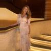 Elegant Watercolor Floral Long Dress Women V Neck Ruffle Puff Sleeve Slit Dress Self Belt Waist Flowy Chiffon Dress Wedding Guest Party Daily Outing
