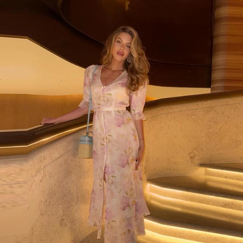 Elegant Watercolor Floral Long Dress Women V Neck Ruffle Puff Sleeve Slit Dress Self Belt Waist Flowy Chiffon Dress Wedding Guest Party Daily Outing