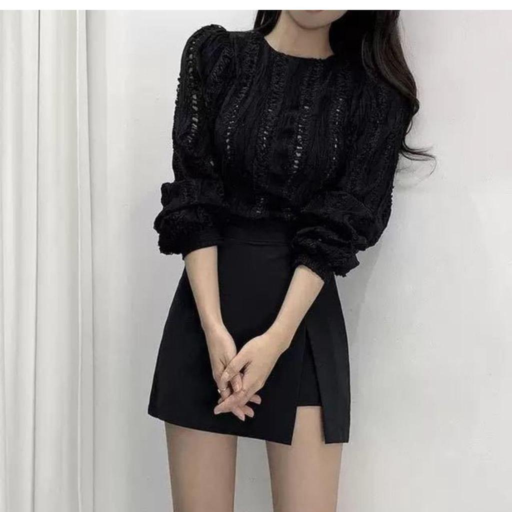 Women's Black High-Waist A-Line Summer Skirt with Slit - Slim Korean Style