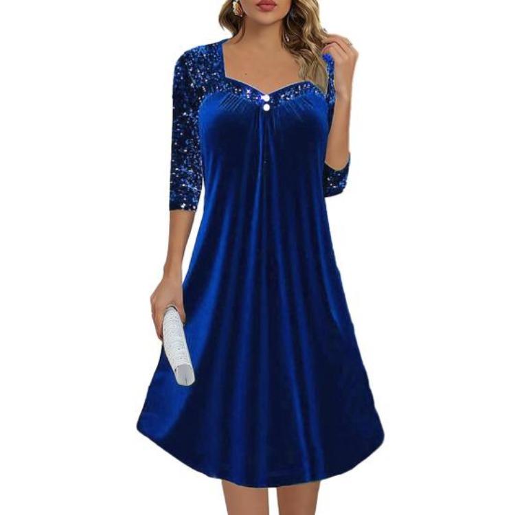 Lesklé flitrové sexy dámské párty šaty čtvercový výstřih 3/4 rukáv volný pas nad koleno midi šaty na večerní koktejlovou párty