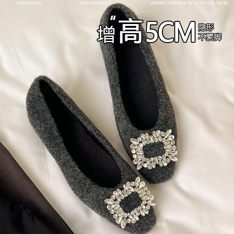 Flat bottom inner height increase 5cm shallow mouth single shoes 2025 autumn and winter new rhinestone temperament versatile Korean square head Mao 