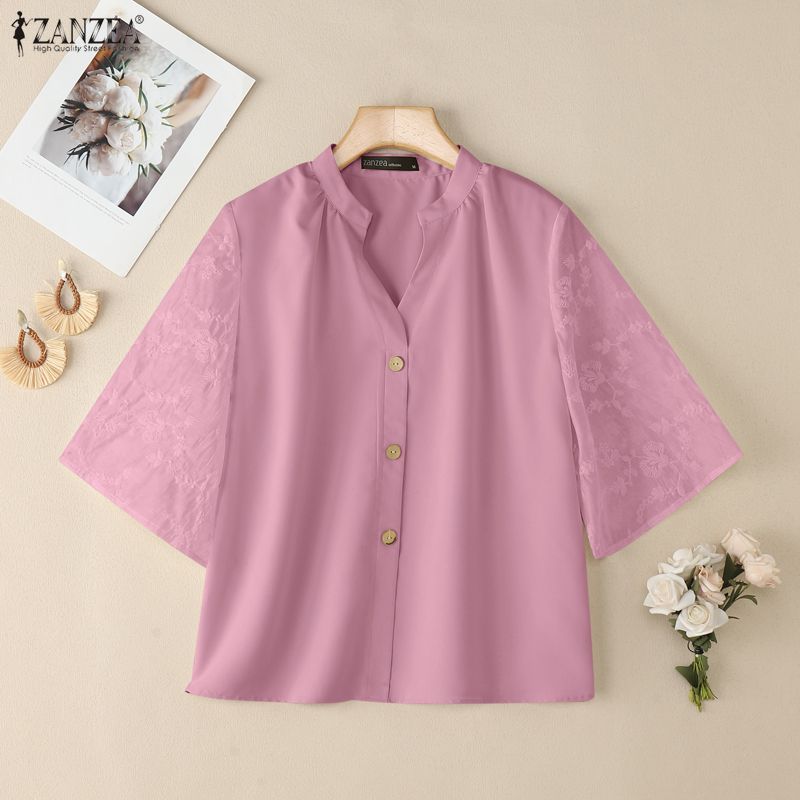 ZANZEA Women Casual V-Neck Splice Half Sleeve Loose Blouse