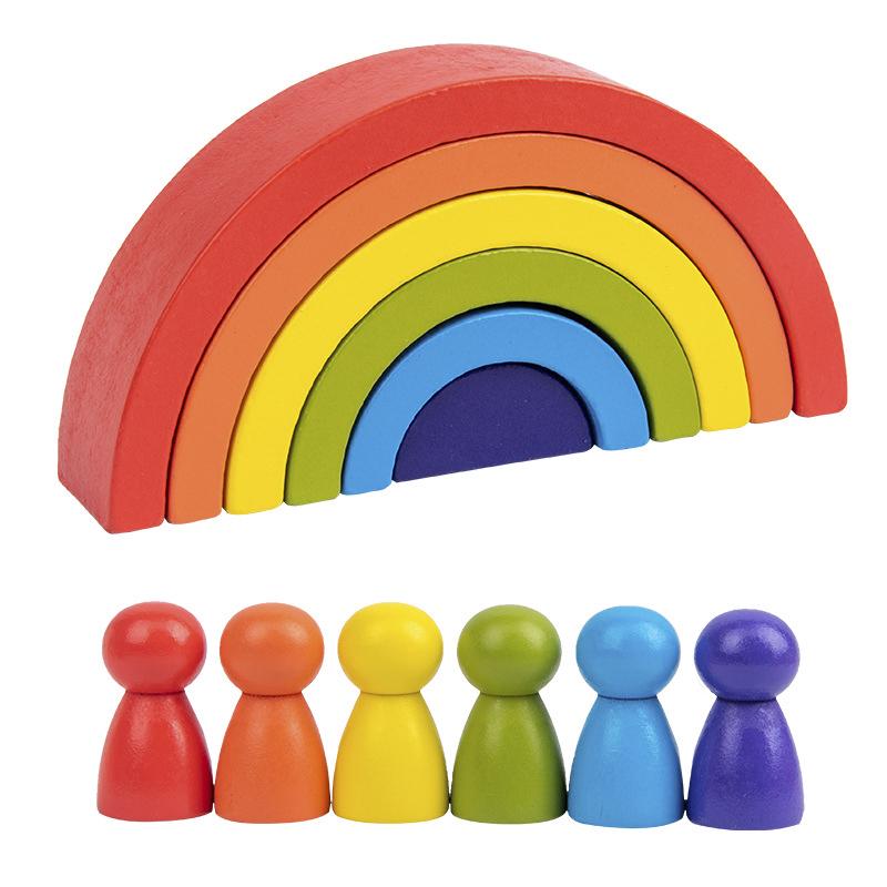 Wooden Toys DIY Assembled House Rainbow Building Blocks Set Children Montessori Early Learning Stacked Balance Educational Toys
