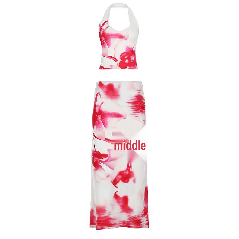 European & American Slimming Set: Resort Style Printed Vest with Impressionist Half Skirt