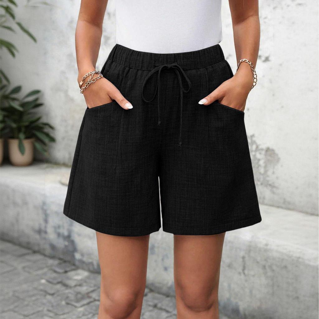 Women's Casual Linen Shorts Elastic Waisted Drawstring Summer Shorts With Pockets