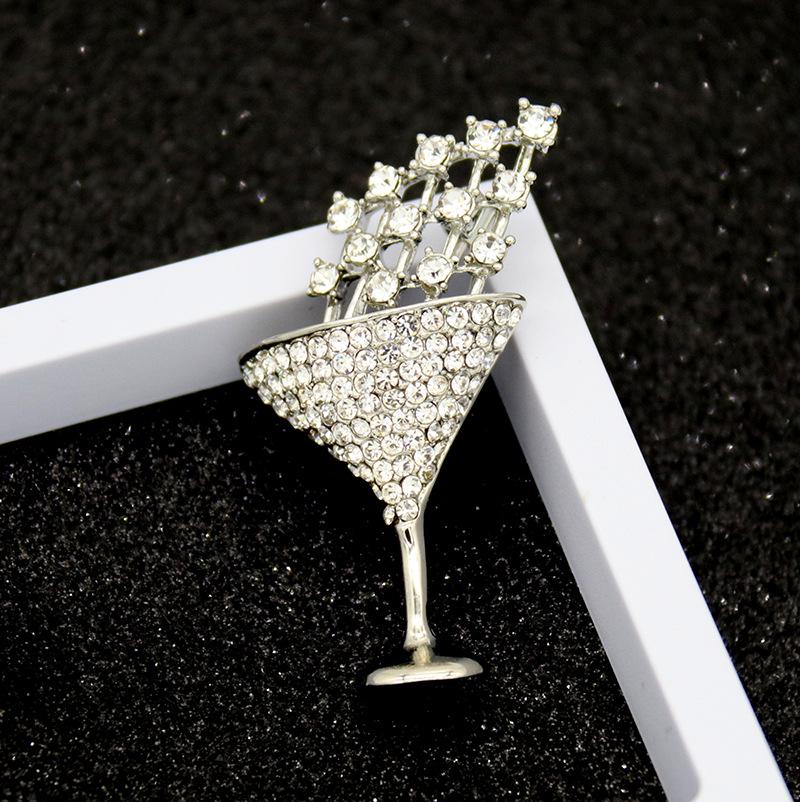 Stylish Cocktail Glass Rhinestone Brooch - Women's Creative Anti-Exposure Pin Accessory