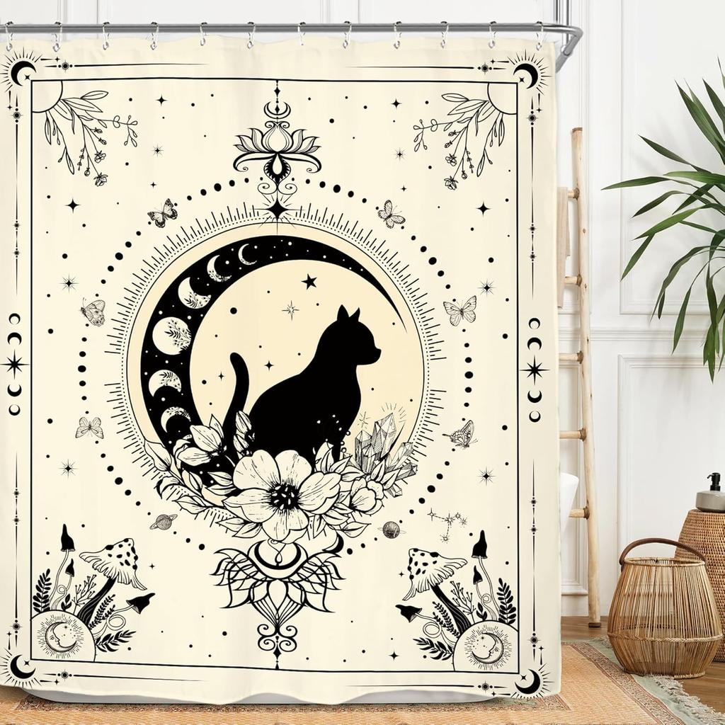 Witchy Gothic Shower Curtain - Moon Phase & Teal Wildflower Design,Mysterious Night Botanical Polyester,60x71 Inch with 12 Hooks