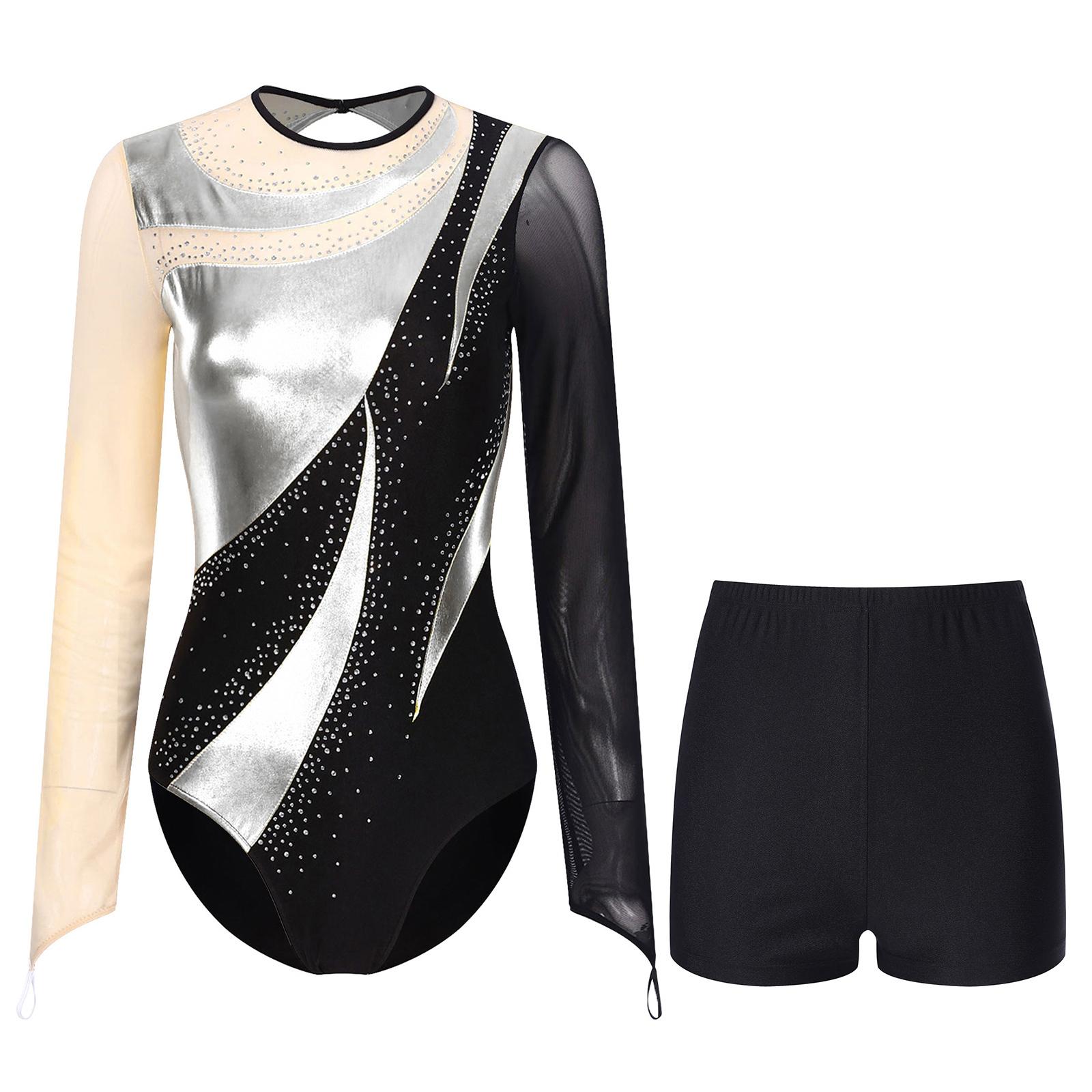 

Women’s Stage Performance Bodysuit Set: Metallic Patchwork Sheer Mesh Long Sleeve Cutout Back Rhinestone Leotard with Matching Shorts for Gymnastics S