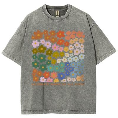 T-shirt con Fantasia Floreale Colorata Retro lavaggio ad acqua vintage Abbigliamento Uomo e Donna Manica Corta