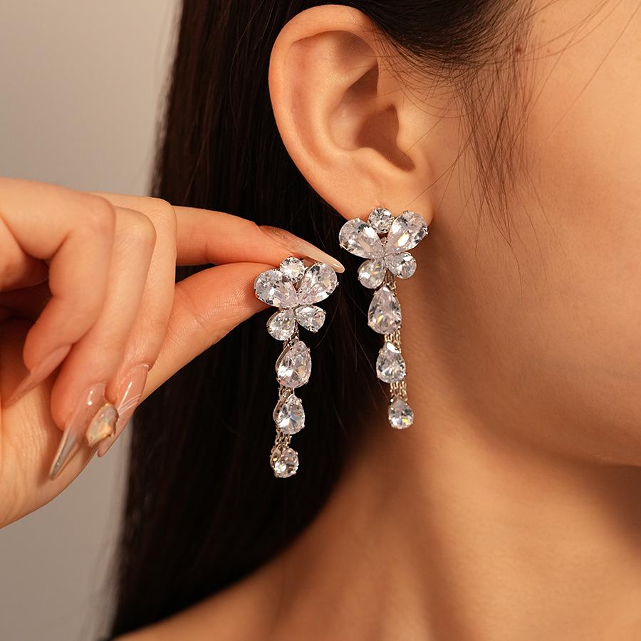 Elegant Zircon Butterfly Flower Silver Drop Earrings - High-End European and American Style for Women