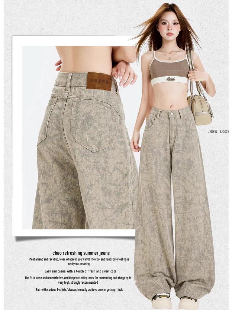 Damskie Jeansy Denimowe z Wysokim Stanem i Szerokimi Nogawkami - Tie-Dye, Wyszczuplające, Długie do Ziemi, Luźny Krój