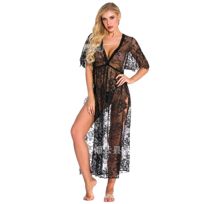 Summer Women's Erotic Underwear Sexy Lace Mesh Perspective Deep V Long Dress Erotic Nightgown Set