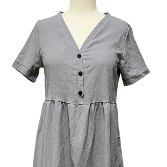 Women Summer Dress Button V Neck Short Sleeve Loose Fit Flowy Beach Sundress Ruffled A-line Swing Casual Midi Dress