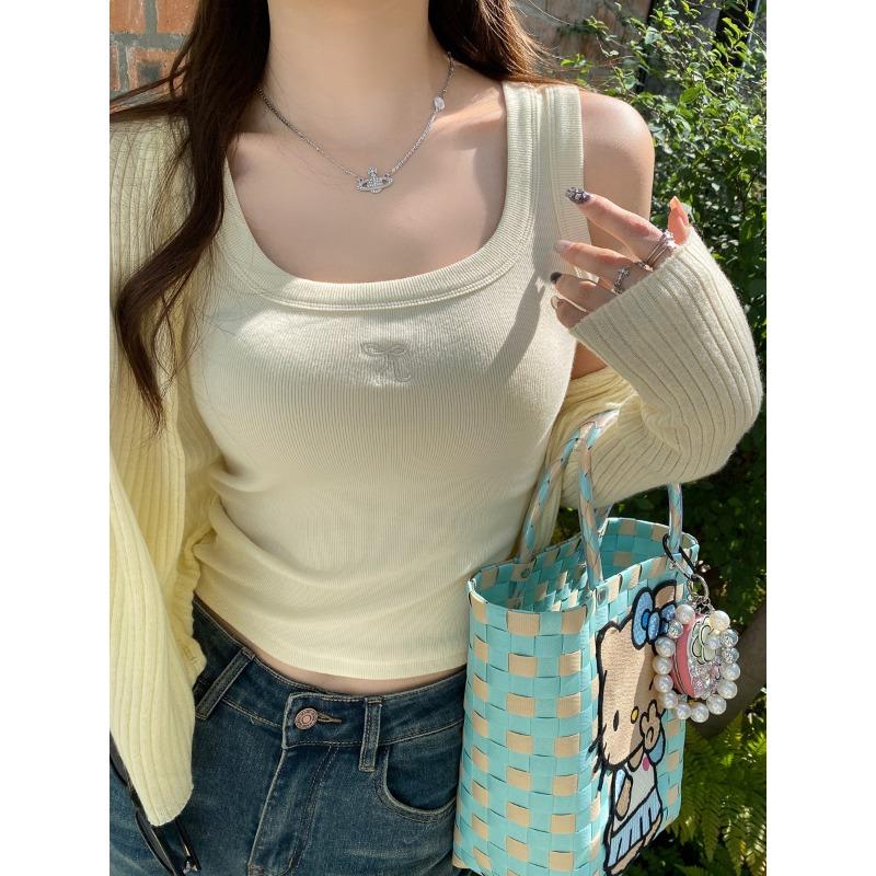 Threaded Cotton Camisole Women's New Style Slim-fitting Wide Shoulder Straps To Cover Breasts and Racer-shaped Bottoming Top for Outer Wear
