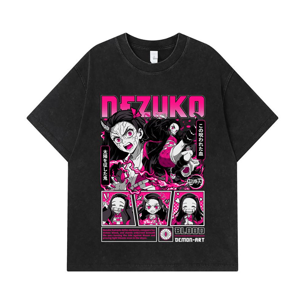 275 GSM Washed T-shirts 100% Cotton Demon Slayer V56 Nezuko Print Unisex Heavy Cotton T Shirt