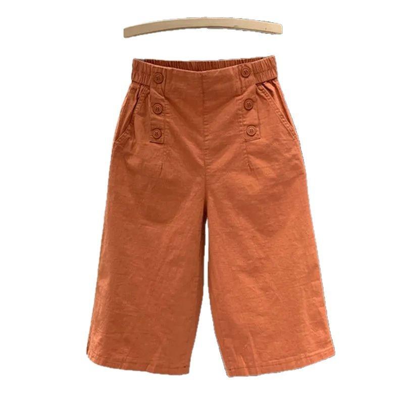 Cotton Cropped Pants for Women In Summer Elastic High Waisted Slimming and Wide Leg Casual Pants with Versatile Temperament Thin Mid Length Pants