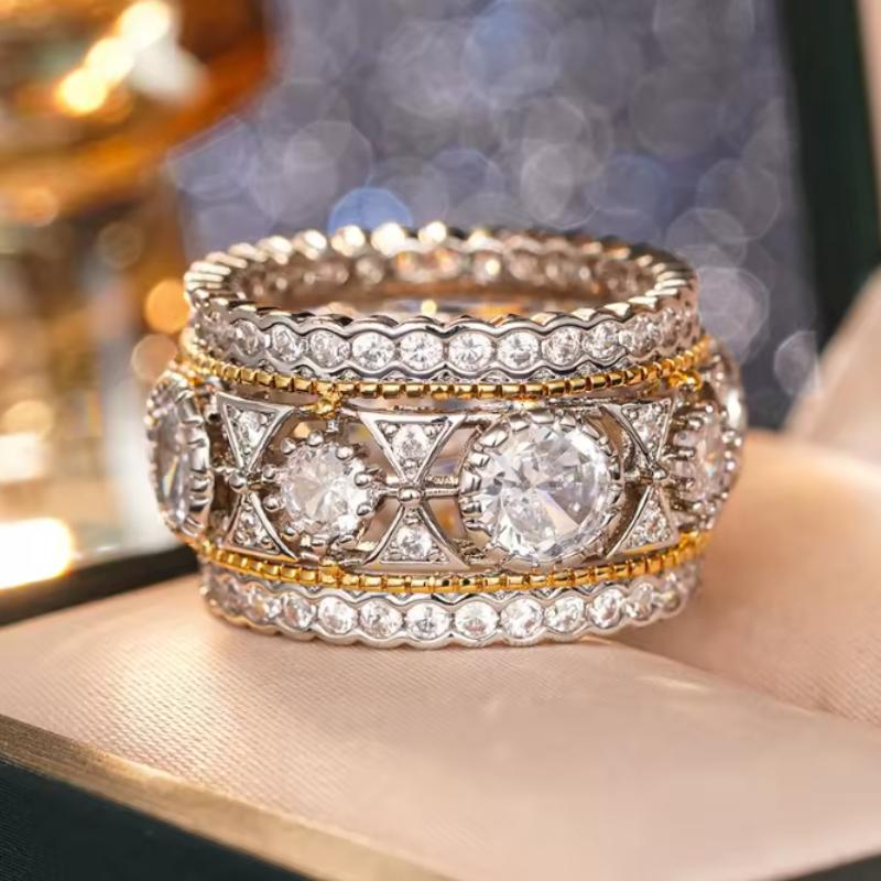 Gorgeous Bright Zirconia Finger Ring Female Luxury Wedding Band Two-tone Style Accessories Fashion Delicate Lady Jewelry